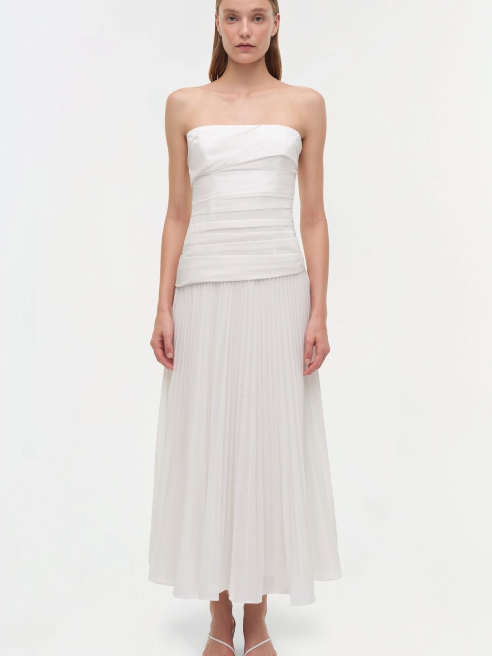 Simkhai Arie Strapless White Pleated Midi Dress
